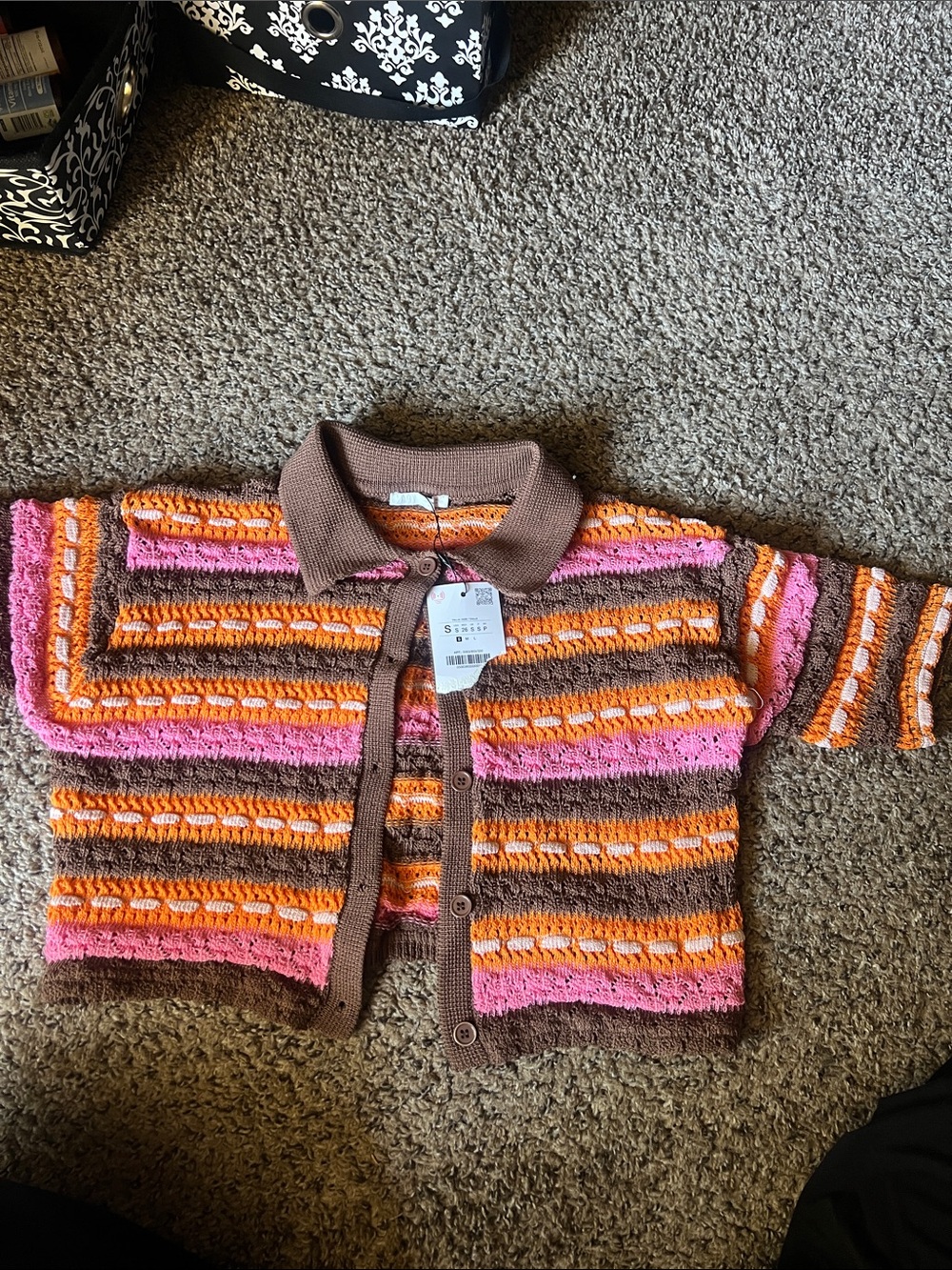 Zara Striped Crochet Button-Front Cardigan in Pink, Orange & Brown